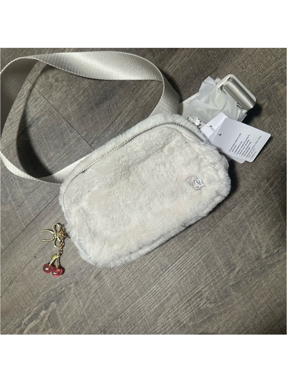 lululemon athletica Faux Fur Crossbody Bag - White with Cherry Charm
